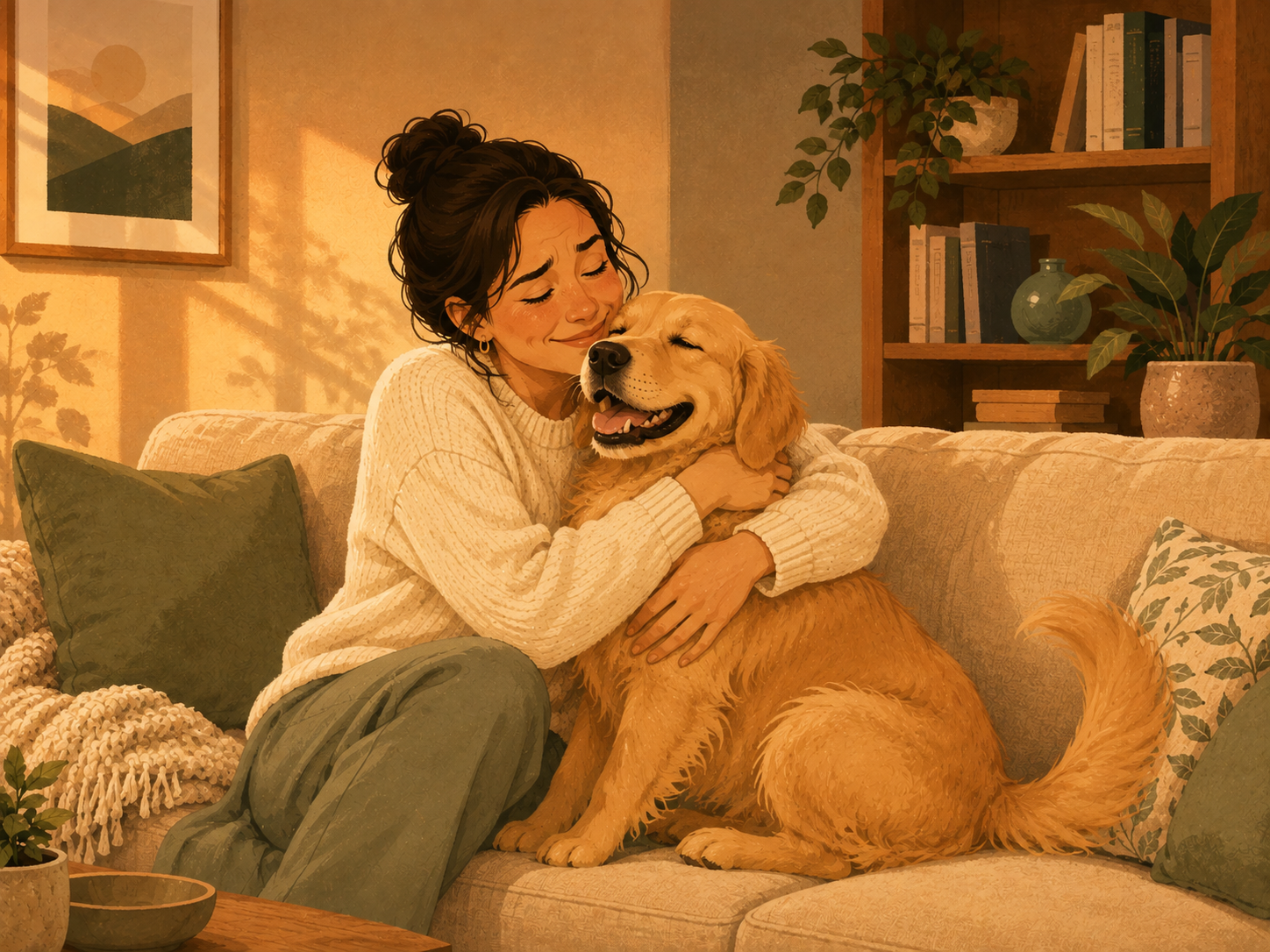 Owner hugging her dog close on the couch, both relaxed