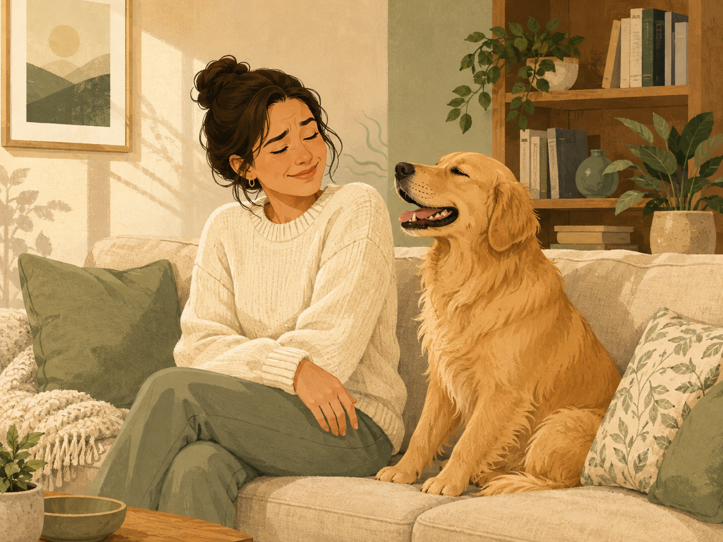 Owner on the couch with her golden retriever leaning in close
