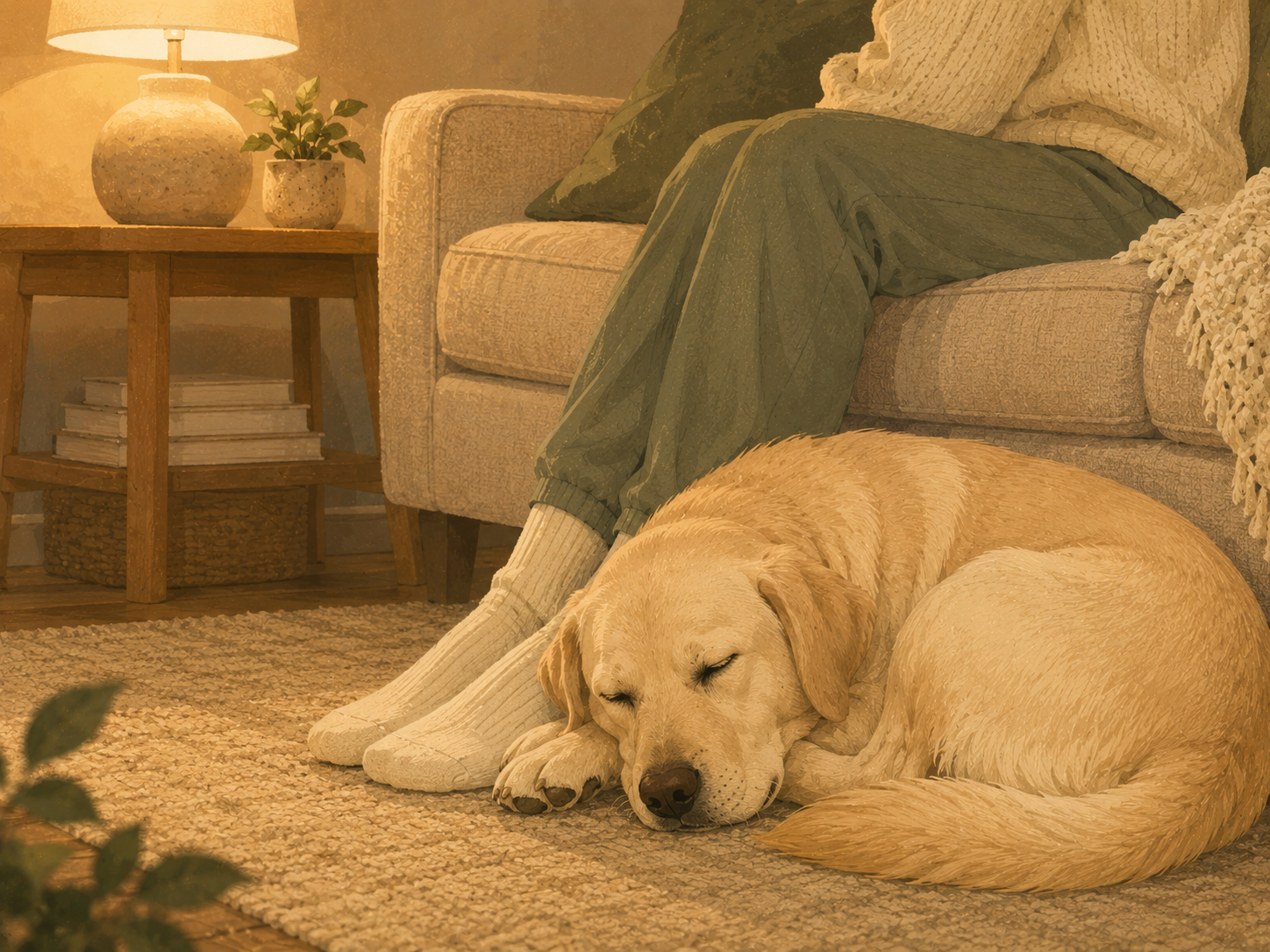 A dog sleeping peacefully at its owner's feet