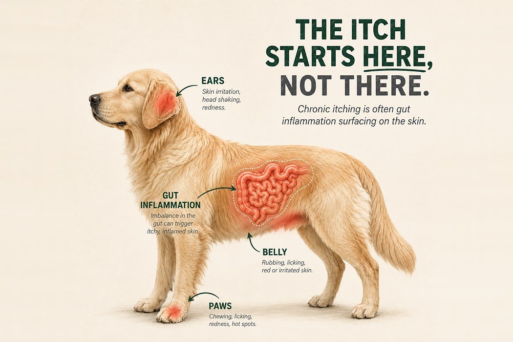 Diagram showing how gut inflammation surfaces at a dog's ears, paws, and belly